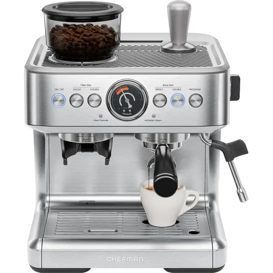 Chefman - Crema Supreme Espresso Machine with Conical Burr Grinder and Steam Wand - Stainless Steel