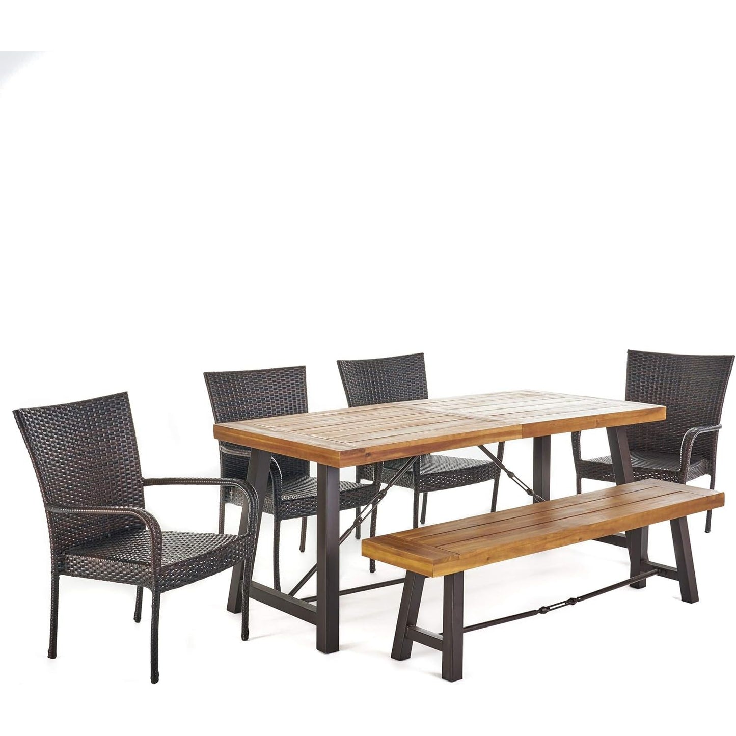 Christopher Knight Home Salla Outdoor Acacia Wood Dining Set with Wicker Stacking Chairs. Brand New, Open Box.