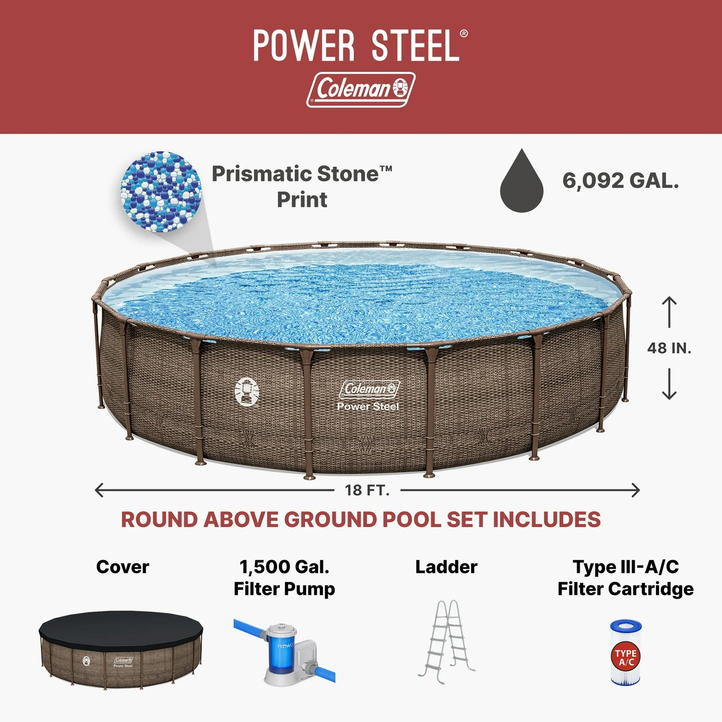 Coleman Power Steel 18’ x 48” Round Metal Frame Above Ground Pool Set