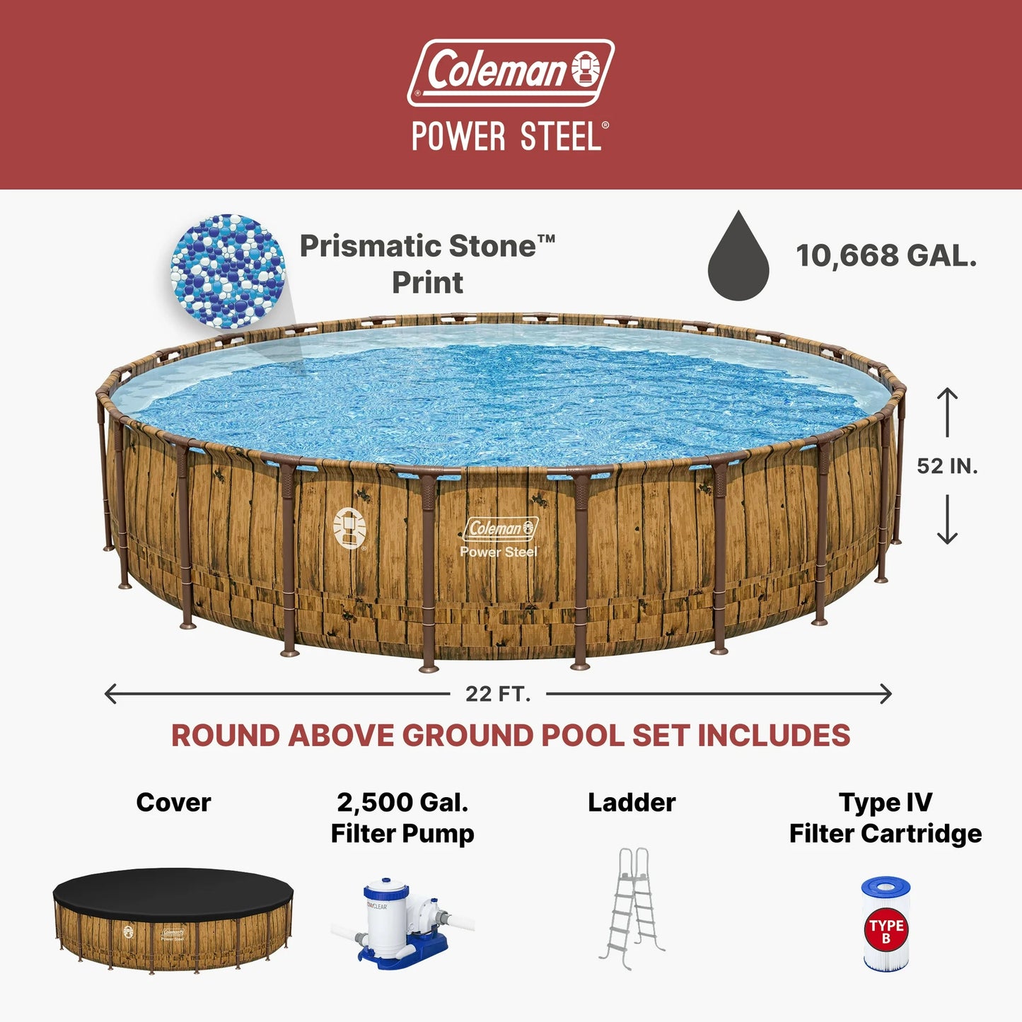 Coleman Power Steel 22' x 52" Round Metal Frame Above Ground Pool Set