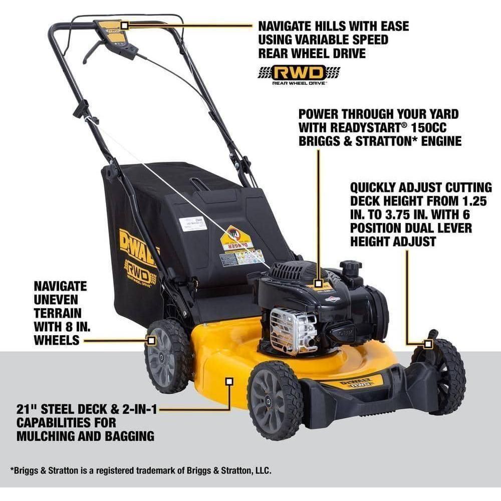 DEWALT 21 in. 150cc Gas Engine Rear Wheel Drive 2-in-1 Self Propelled Walk Behind Lawn Mower