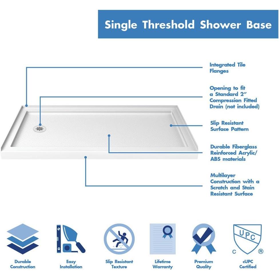 DreamLine SlimLine 32 in. D x 60 in. W x 2 3/4 in. H Left Drain Single Threshold Shower Base in White, DLT-1132601