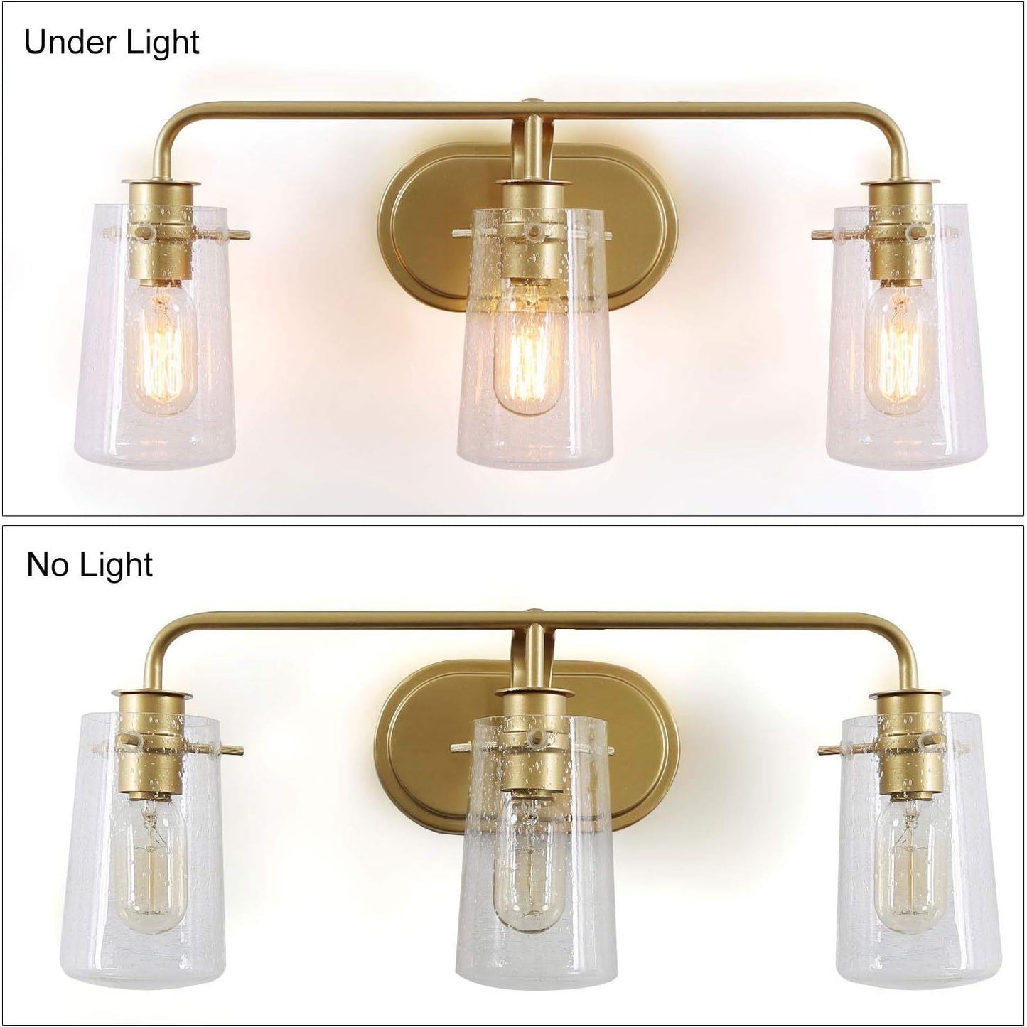 Durent Lighting Gold Vanity Light, 3 Lights Gold Bathroom Light Fixture with Seeded Glass, 22 1/2” L