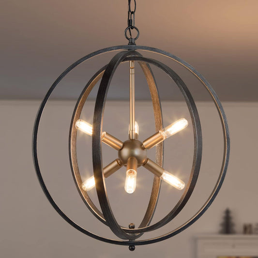 Durent Lighting Modern Farmhouse Chandelier, 18” Brushed Black Gold Chandelier for Foyer, 6-Light Sputnik Pendant Light Fixture Mid Century Style for Dining Room, Bedroom, Kitchen Island, H19A04041. Brand New. Open Box.