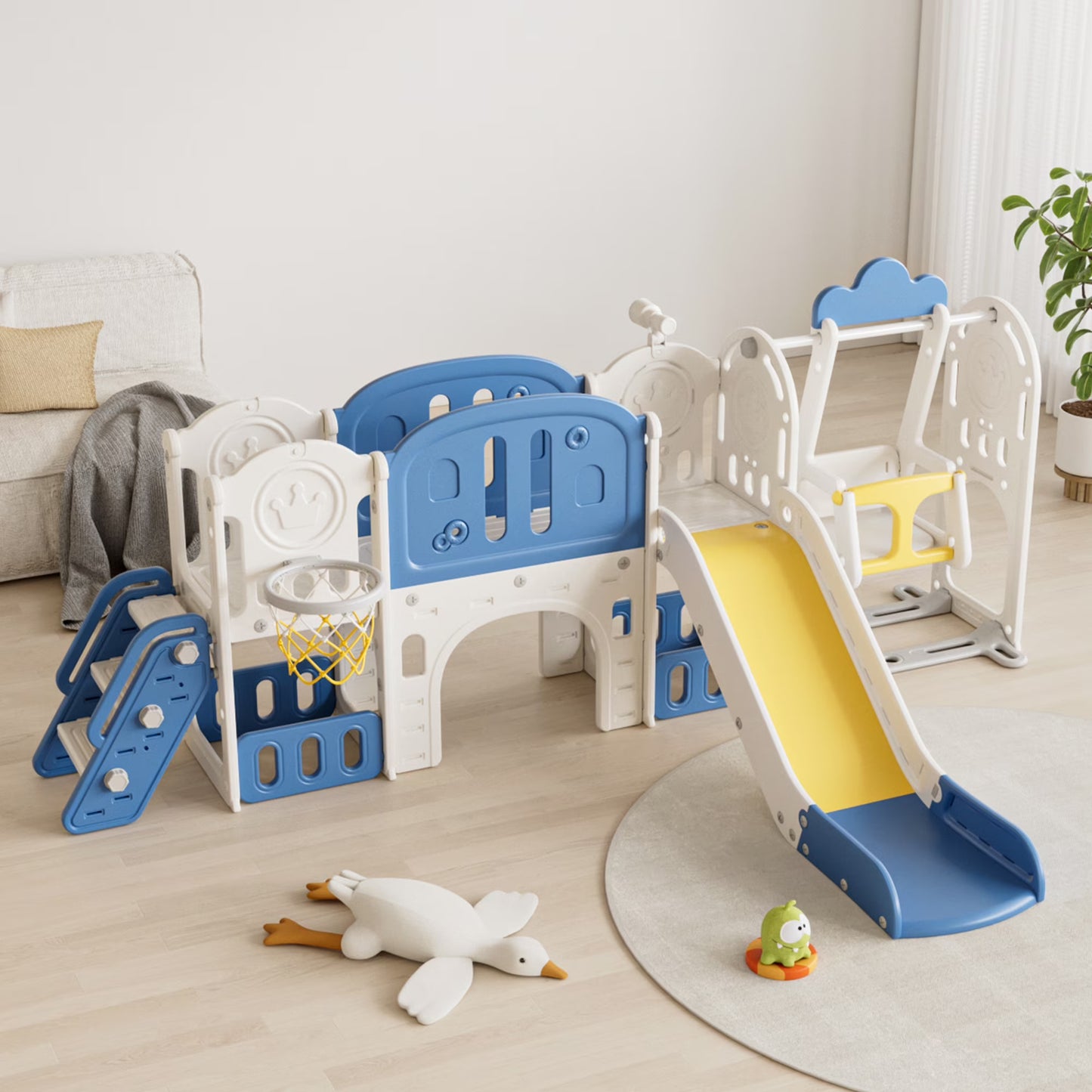 EUROCO 11 in 1 Toddler Slide Playset with Basketball Hoop Swing set Climber and Storage