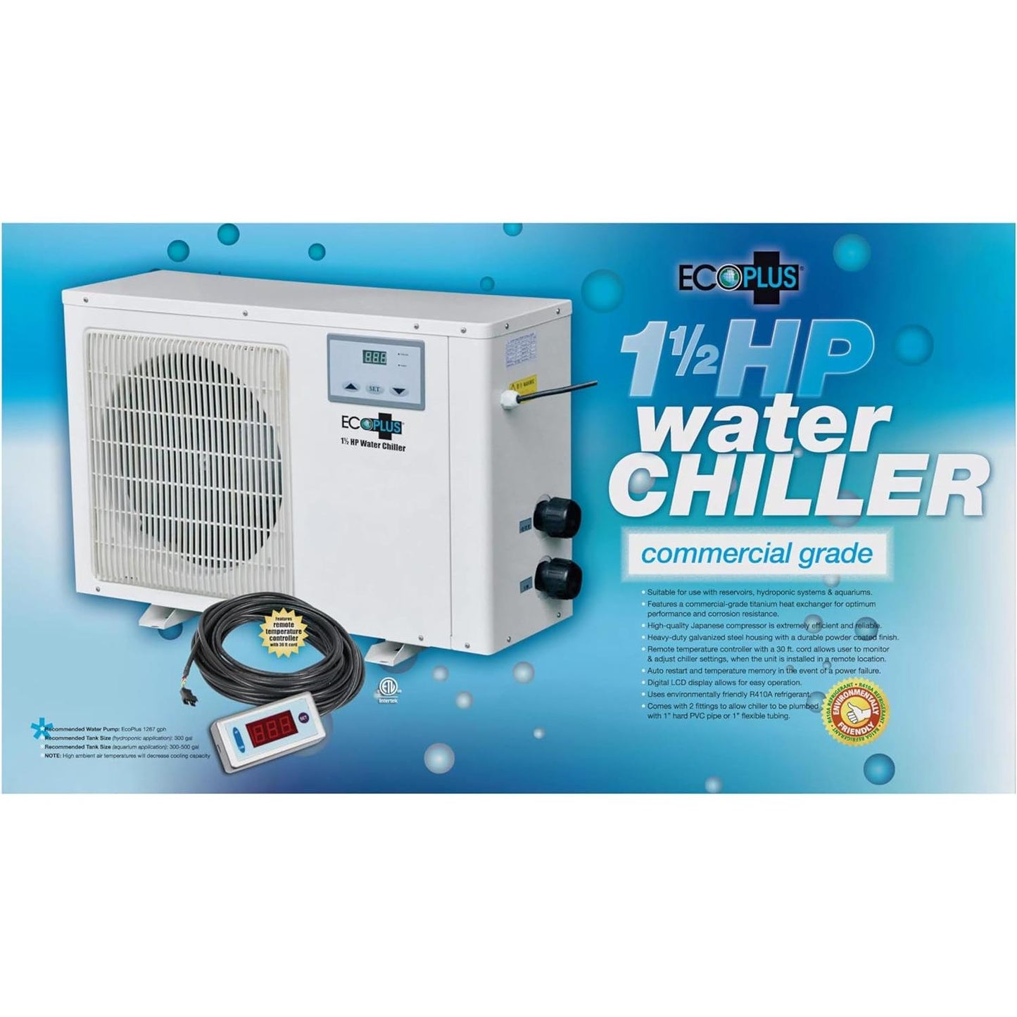 EcoPlus Commercial Grade Water Chiller, Cooler for Reservoirs, Hydroponics, and Aquariums, 1 ½ HP