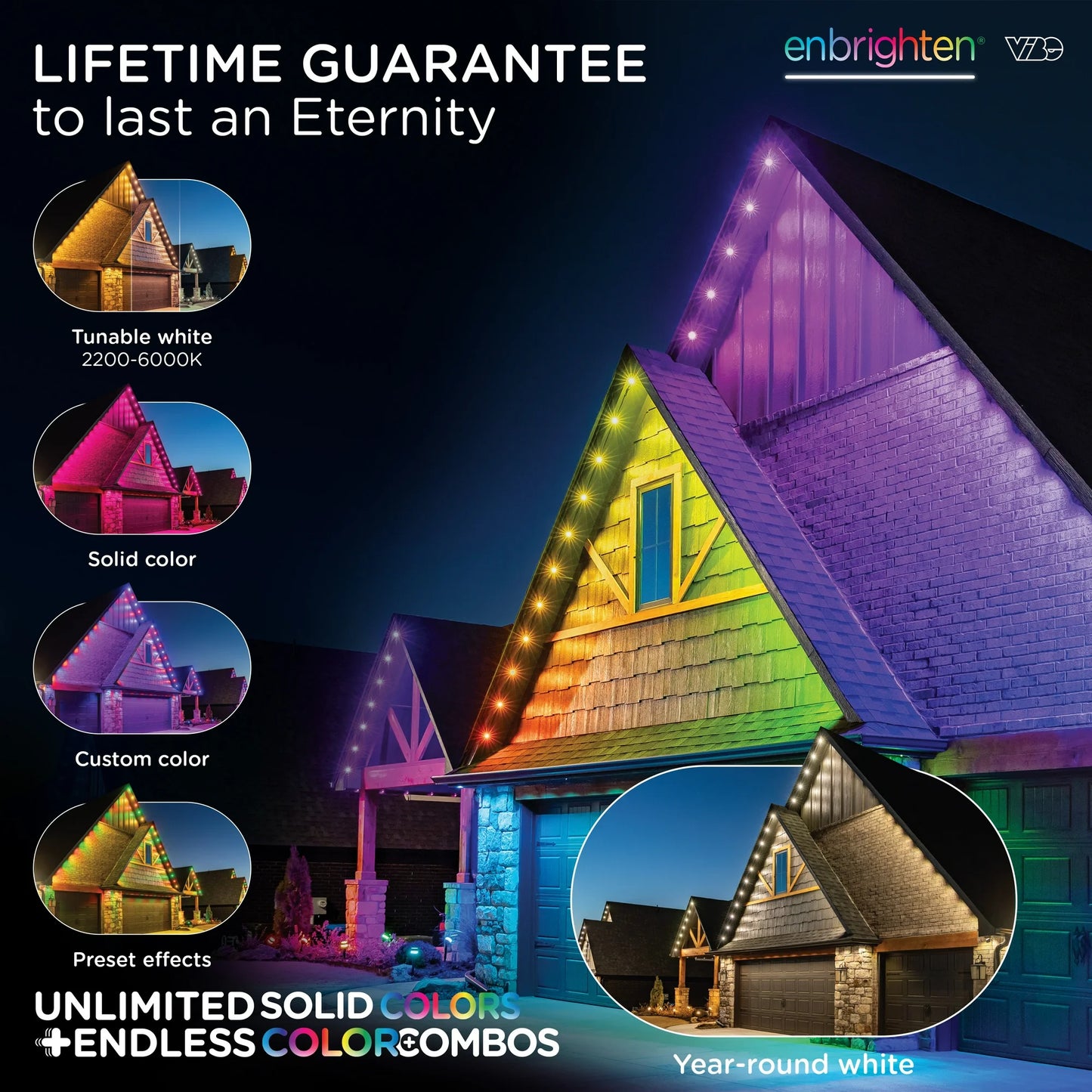Enbrighten 100ft Wi-Fi Eternity Lights, Permanent Outdoor Lights, 72 LEDs, Smart LED Eaves Lights for Christmas, Halloween, Party, Game Day