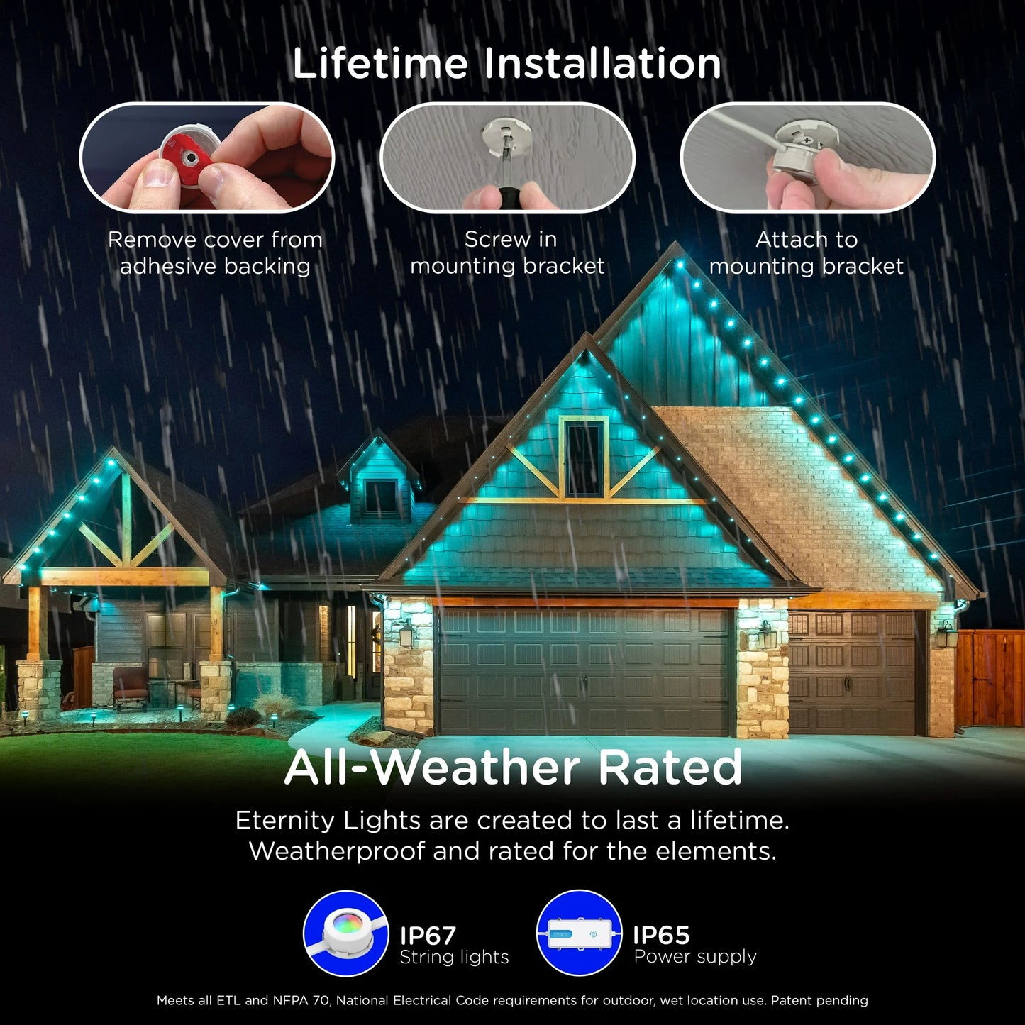 Enbrighten 100ft Wi-Fi Eternity Lights, Permanent Outdoor Lights, 72 LEDs, Smart LED Eaves Lights for Christmas, Halloween, Party, Game Day