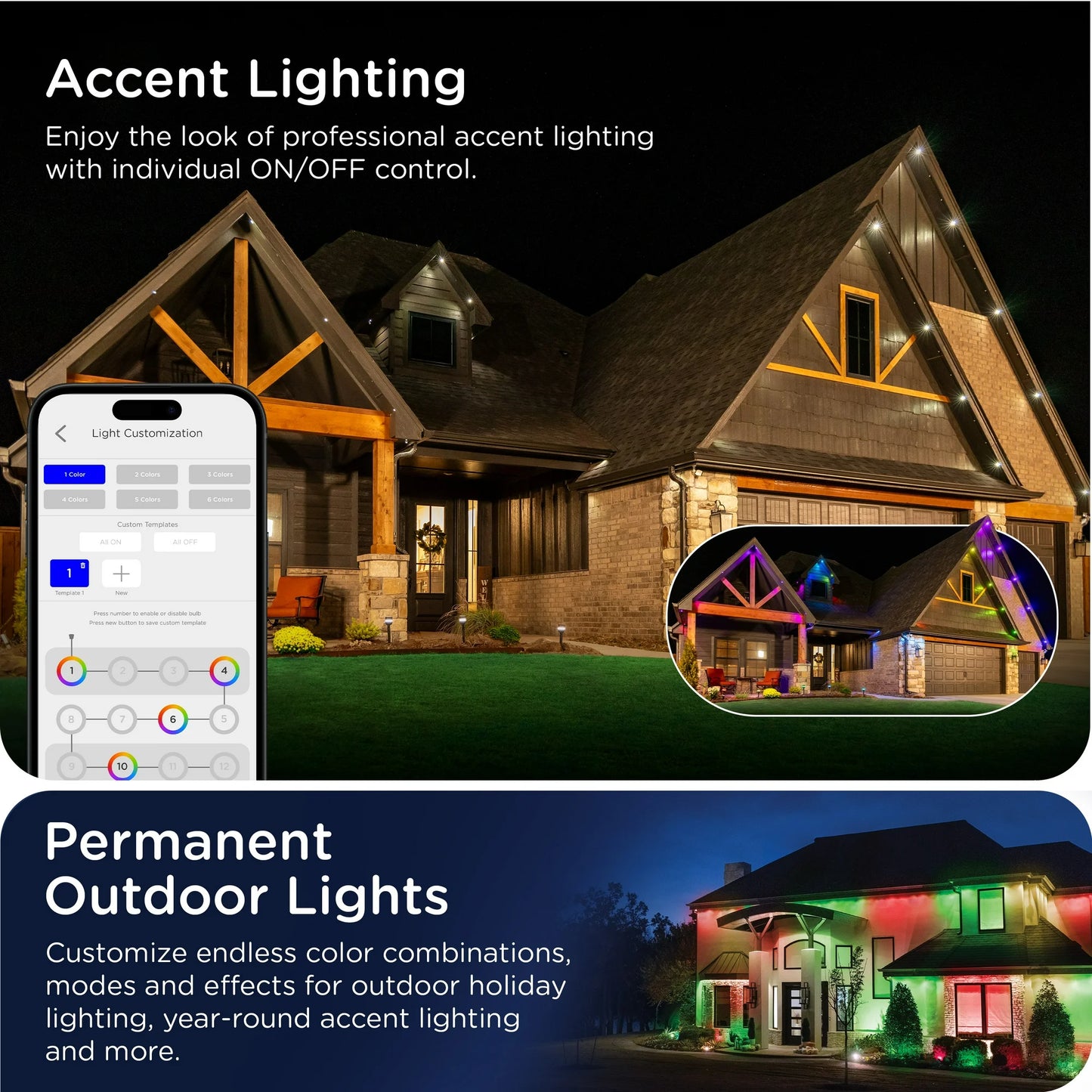 Enbrighten 100ft Wi-Fi Eternity Lights, Permanent Outdoor Lights, 72 LEDs, Smart LED Eaves Lights for Christmas, Halloween, Party, Game Day