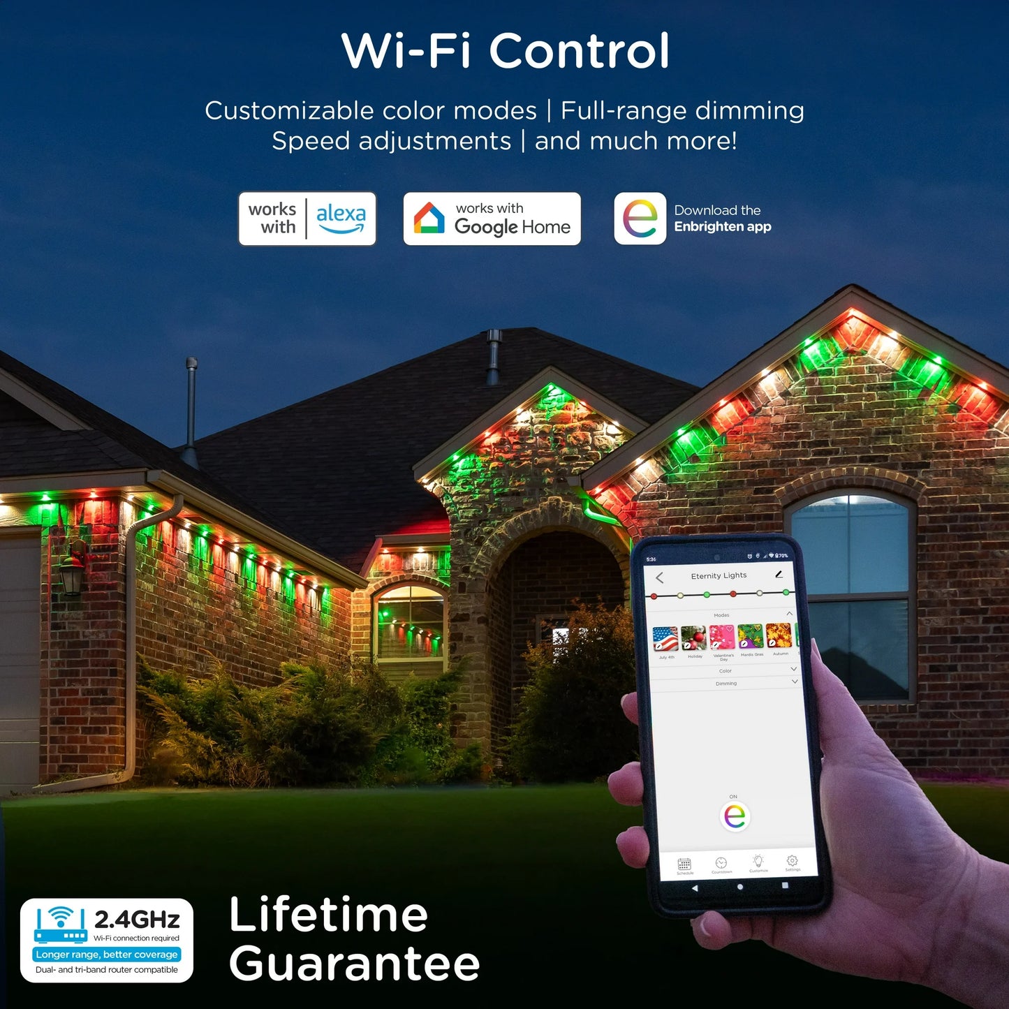Enbrighten 100ft Wi-Fi Eternity Lights, Permanent Outdoor Lights, 72 LEDs, Smart LED Eaves Lights for Christmas, Halloween, Party, Game Day