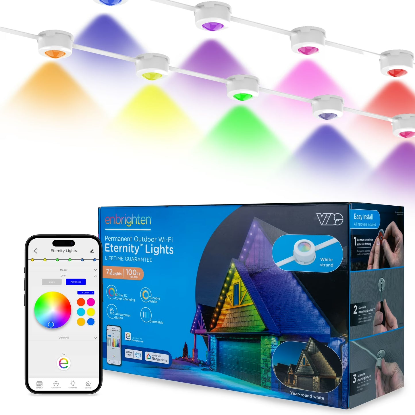 Enbrighten 100ft Wi-Fi Eternity Lights, Permanent Outdoor Lights, 72 LEDs, Smart LED Eaves Lights for Christmas, Halloween, Party, Game Day