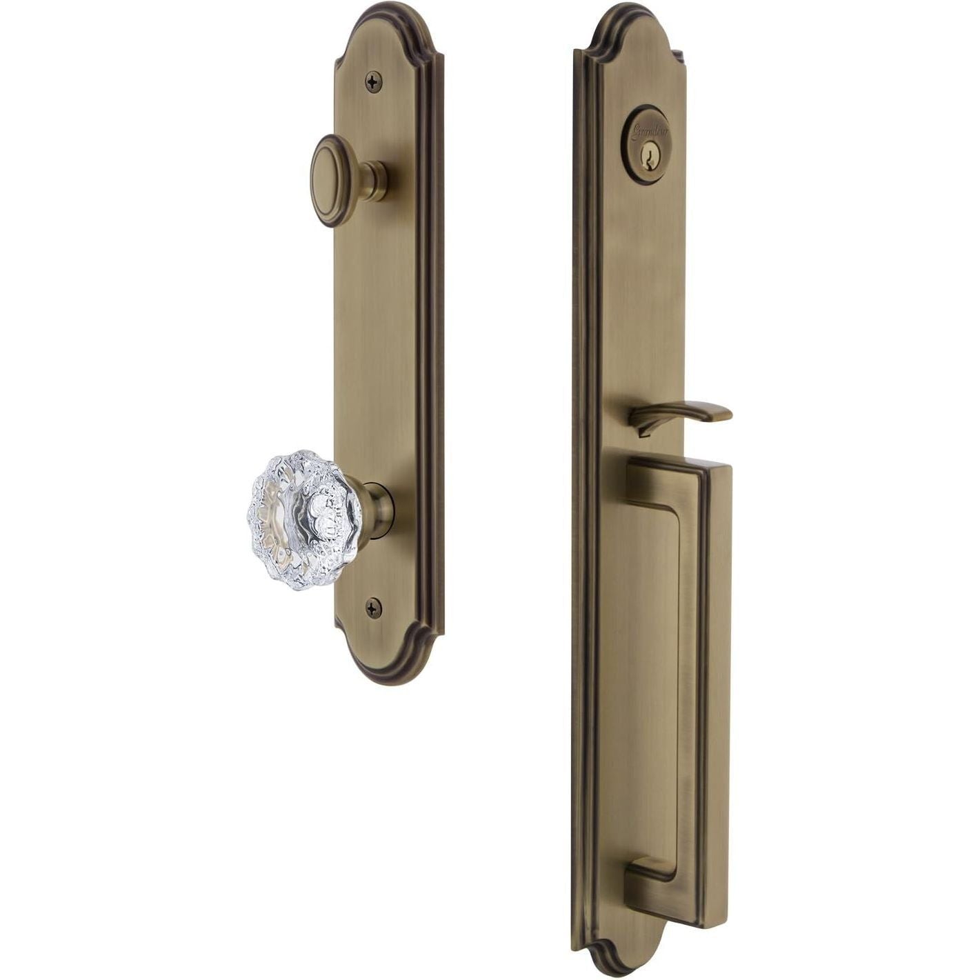 Grandeur 844063 Hardware Arc One-Piece Handleset with D Grip and Fontainebleau Knob, Backset Size-2.375", Vintage Brass