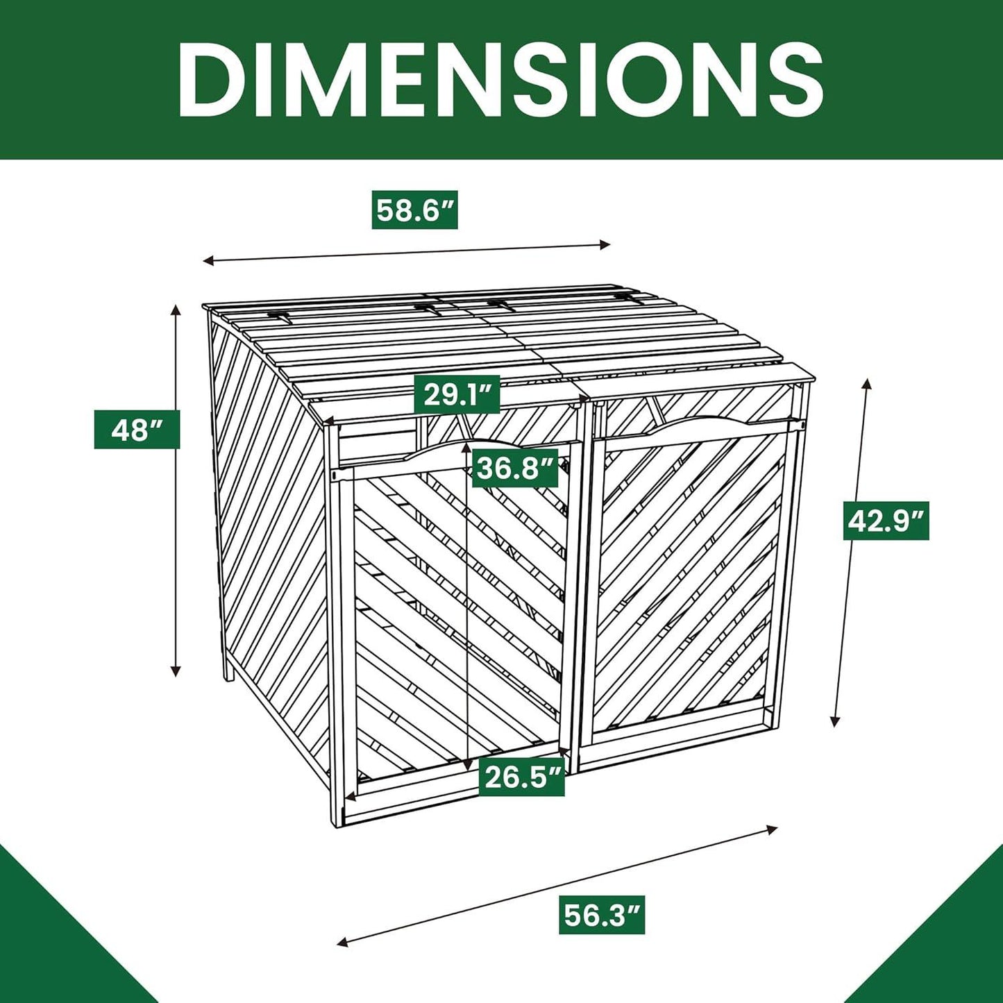 Hanover 4.9 ft. x 4 ft. Wooden Outdoor Storage Shed for Outdoor Trash Can and Recyclables, Stores 2 Trash Cans, 4' x 4.9' x 3', Modern Fir Wood Shed with Metal Locking Latch and 2 Front Access Doors