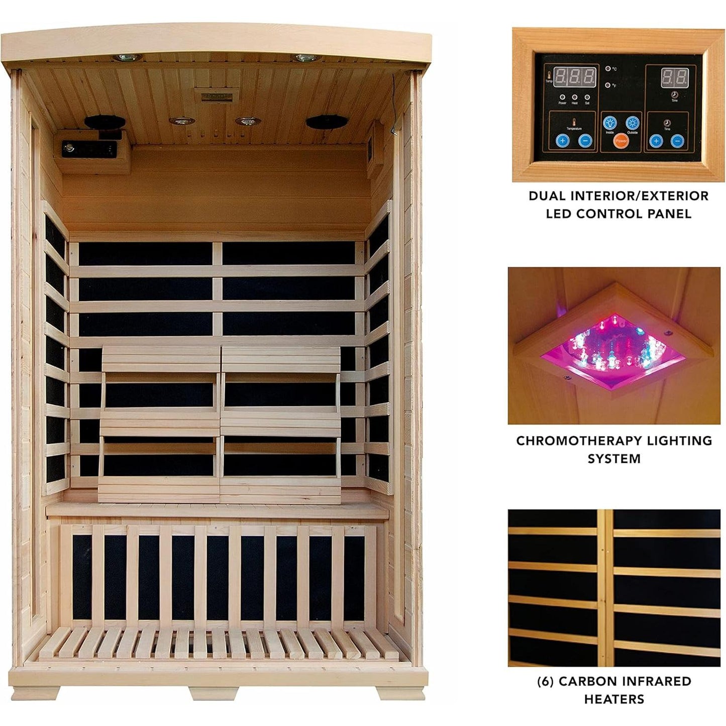 HEATWAVE Radiant Saunas 2-Person Hemlock Infrared Sauna with 6 Carbon Heaters, Chromotherapy Lighting, Oxygen Ionizer