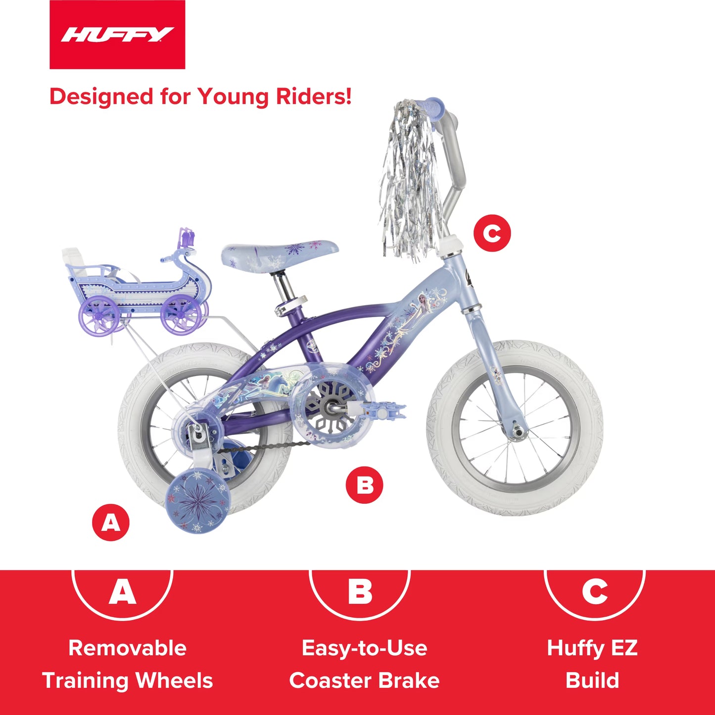 Huffy 12" Disney Frozen Kids' Bike, Fits Riders 37”-42”, Purple, Youth, Girl's