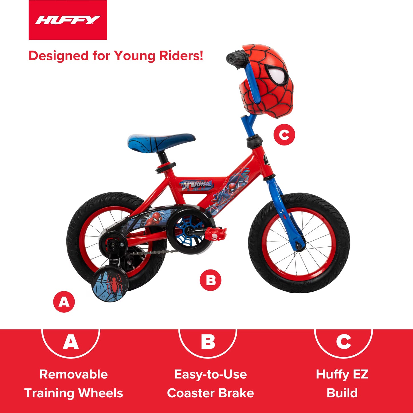 Huffy 12" Marvel Spider-Man Kids' Bike, Fits Riders 37" - 42", Red, Youth, Boy's