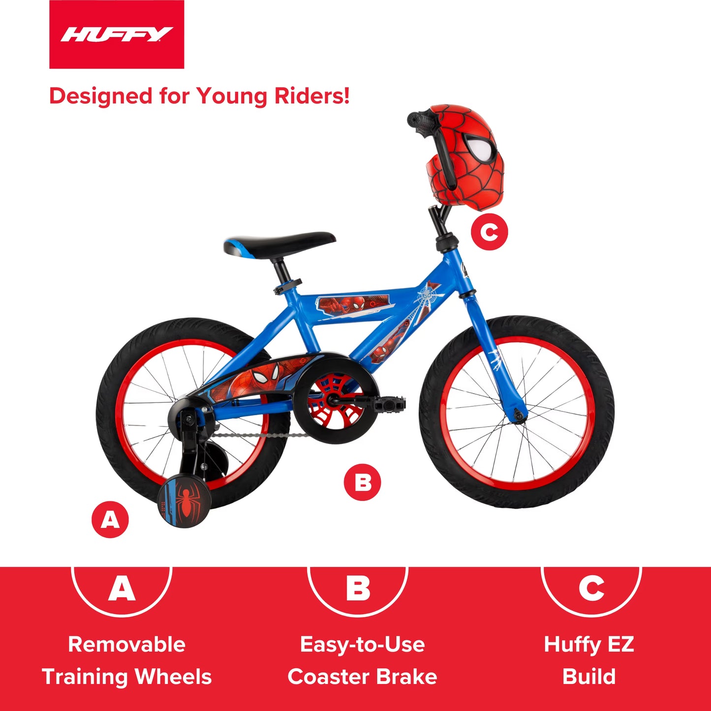 Huffy 16" Marvel Spider-Man Kids' Bike, Fits Riders 42" - 48", Red, Youth, Boy's