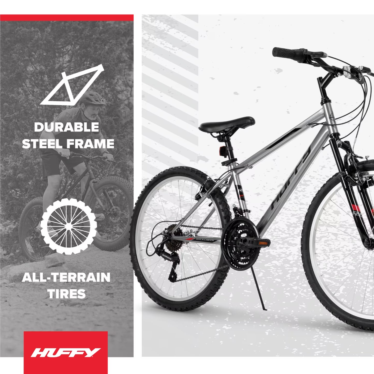 Huffy 24” Rock Creek Mountain Bike, Fits Riders 58” - 70”, Gray, Youth, Boy’s