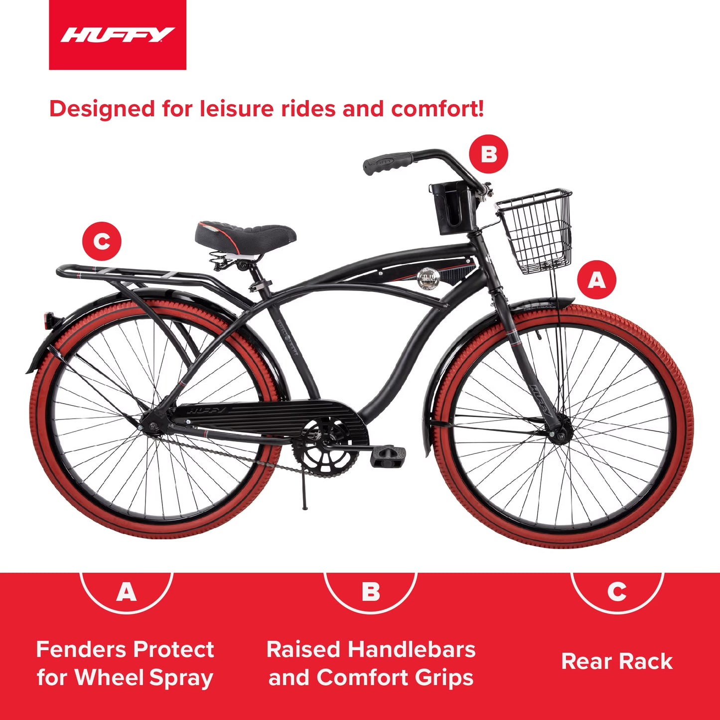 Huffy 26" Nel Lusso Cruiser Bike, Fits Riders 60"+, Matte Black, Adult, Men's