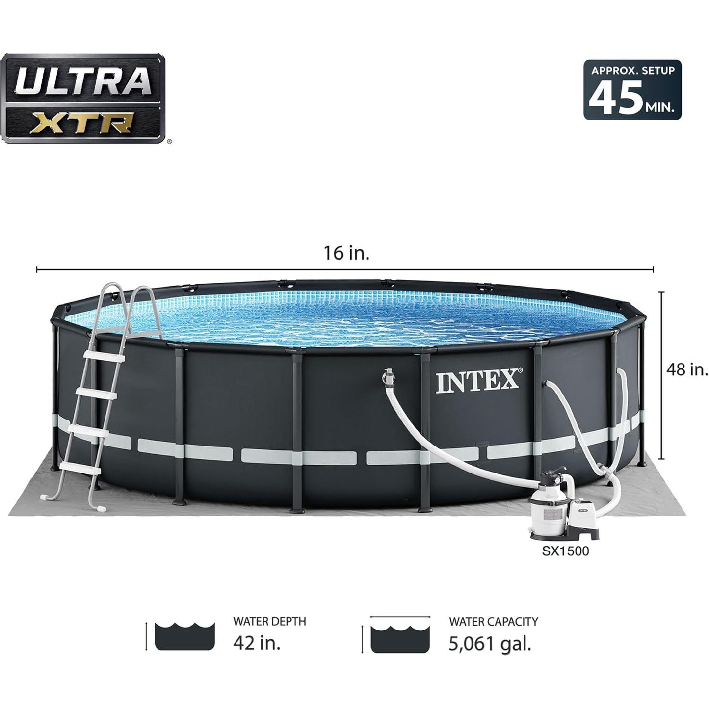 Intex 26325EH Ultra XTR Deluxe Above Ground Swimming Pool Set: 16ft x 48in – Includes 1500 GPH Cartridge Sand Filter Pump – SuperTough Puncture Resistant – Rust Resistant – Easy to Assemble