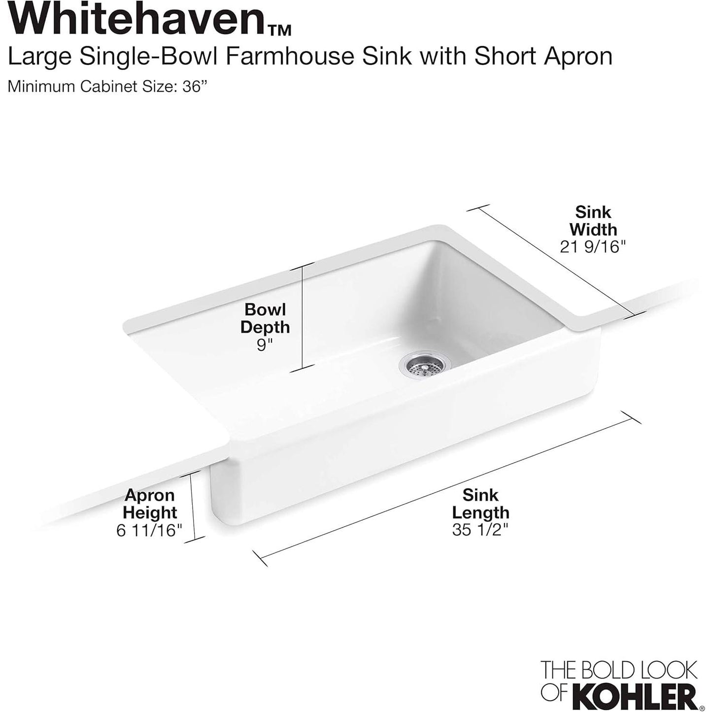 KOHLER K-6488-0 Whitehaven 35-1/2" Undermount Single-Bowl Farmhouse Kitchen Sink, Cast Iron Kitchen Sink, Apron- Front Sink, White