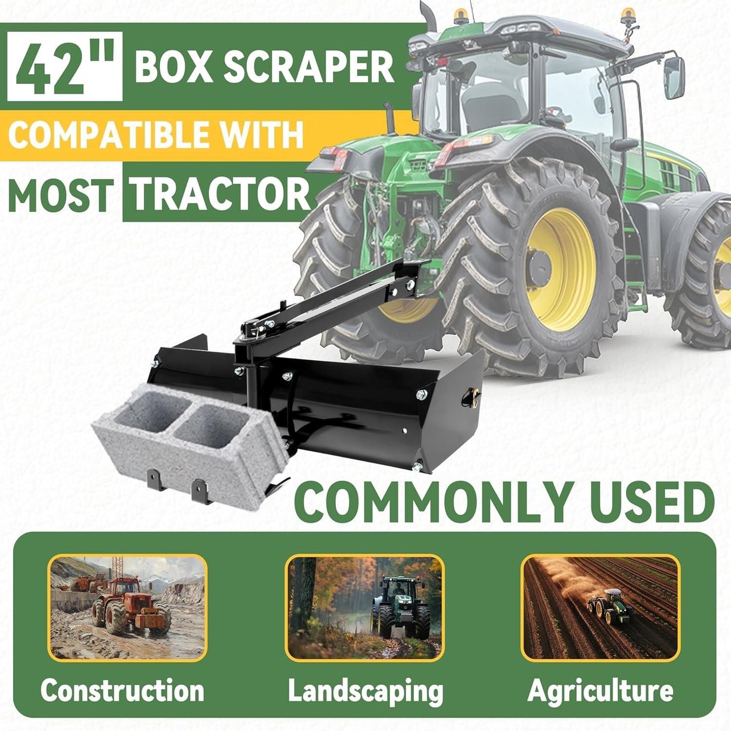 KUAFU 42" Box Scraper Compatible with Tractor Box Blade Hitch Tow Suitable for Construction Landscaping /Agriculture Powder Coated Steel Black