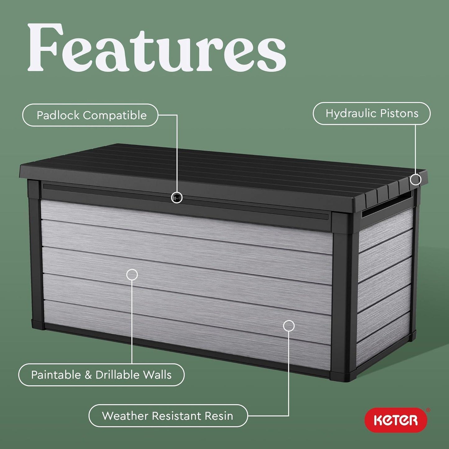 Keter Denali 150 Gallon Resin Large Deck Box with Double Wall 20mm Panels - Paintable and Drillable-Organization and Storage for Patio Furniture and Outdoor Items, Grey & Black