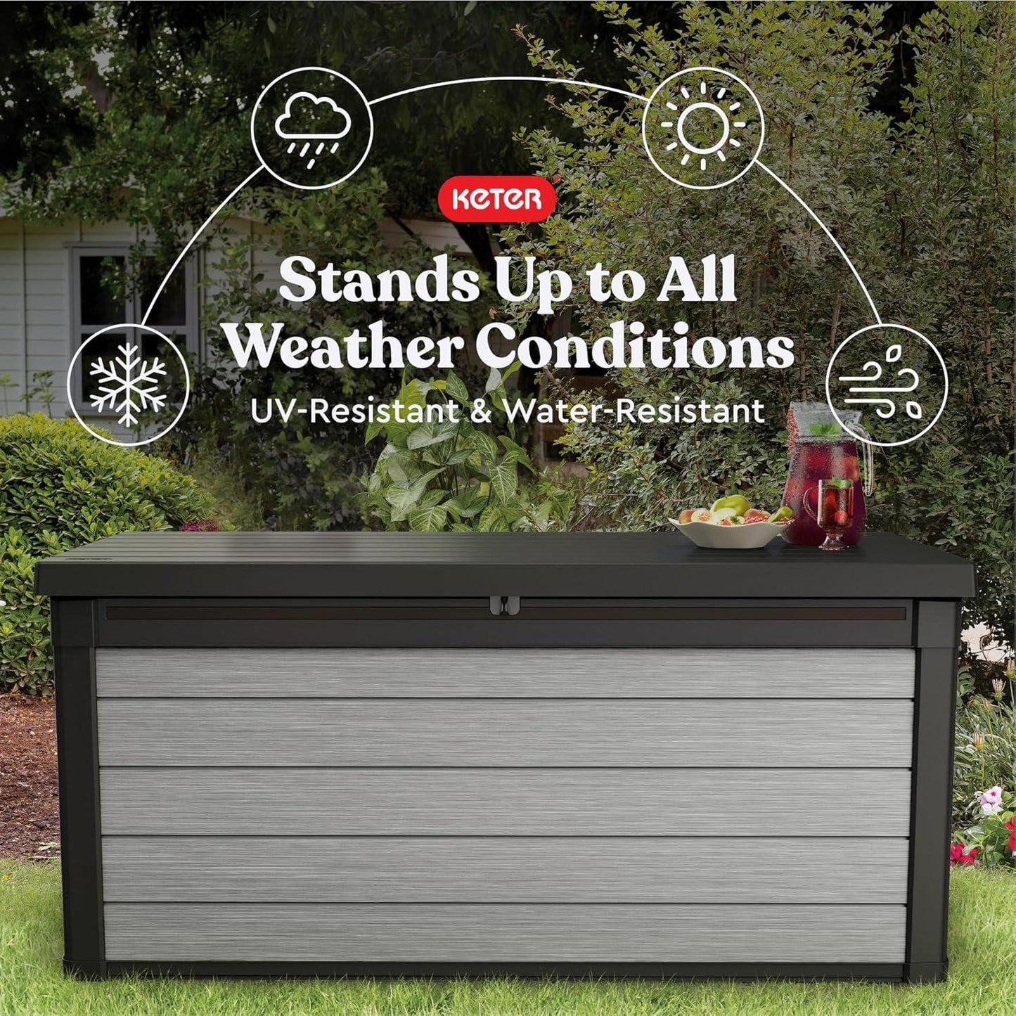 Keter Denali 150 Gallon Resin Large Deck Box with Double Wall 20mm Panels - Paintable and Drillable-Organization and Storage for Patio Furniture and Outdoor Items, Grey & Black