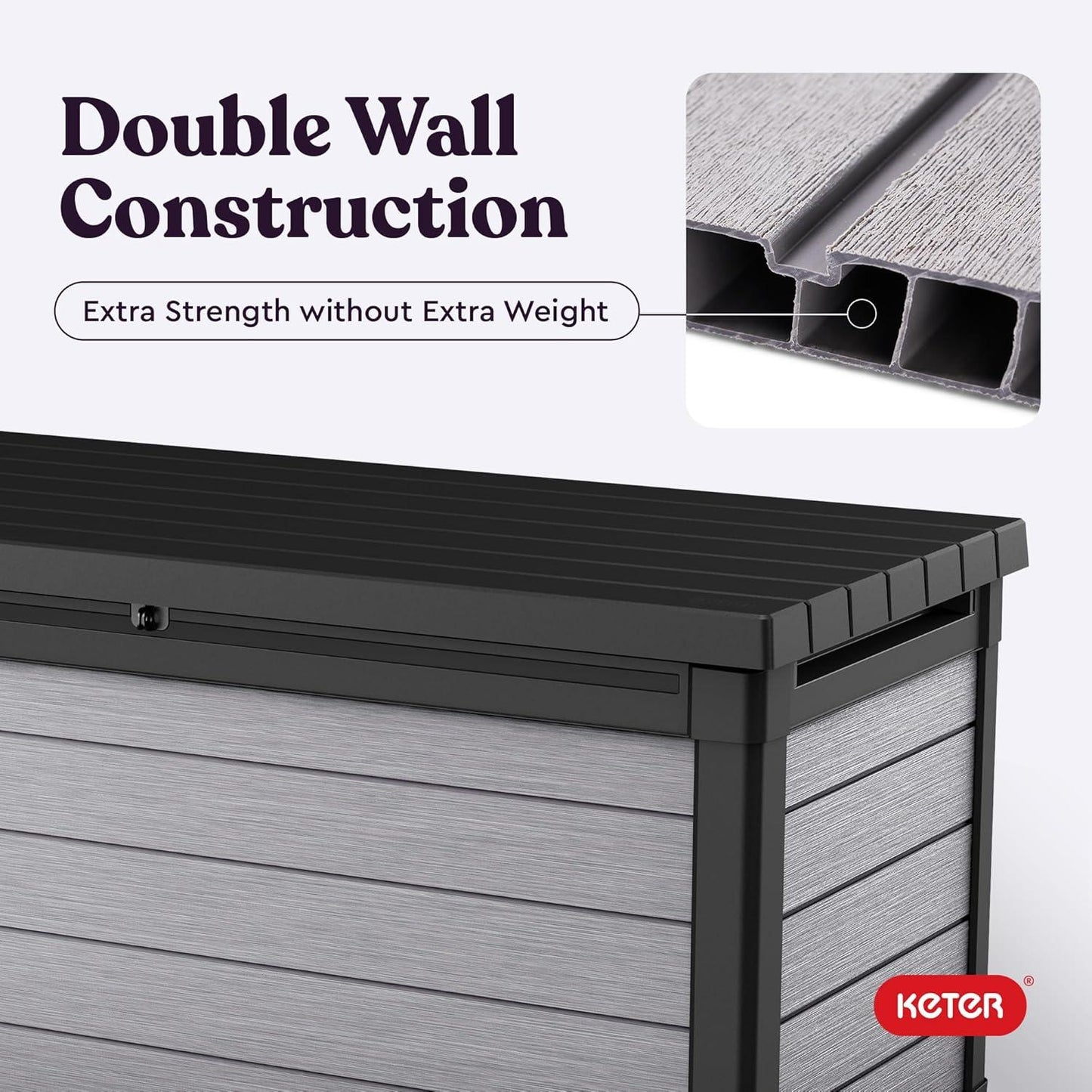 Keter Denali 150 Gallon Resin Large Deck Box with Double Wall 20mm Panels - Paintable and Drillable-Organization and Storage for Patio Furniture and Outdoor Items, Grey & Black