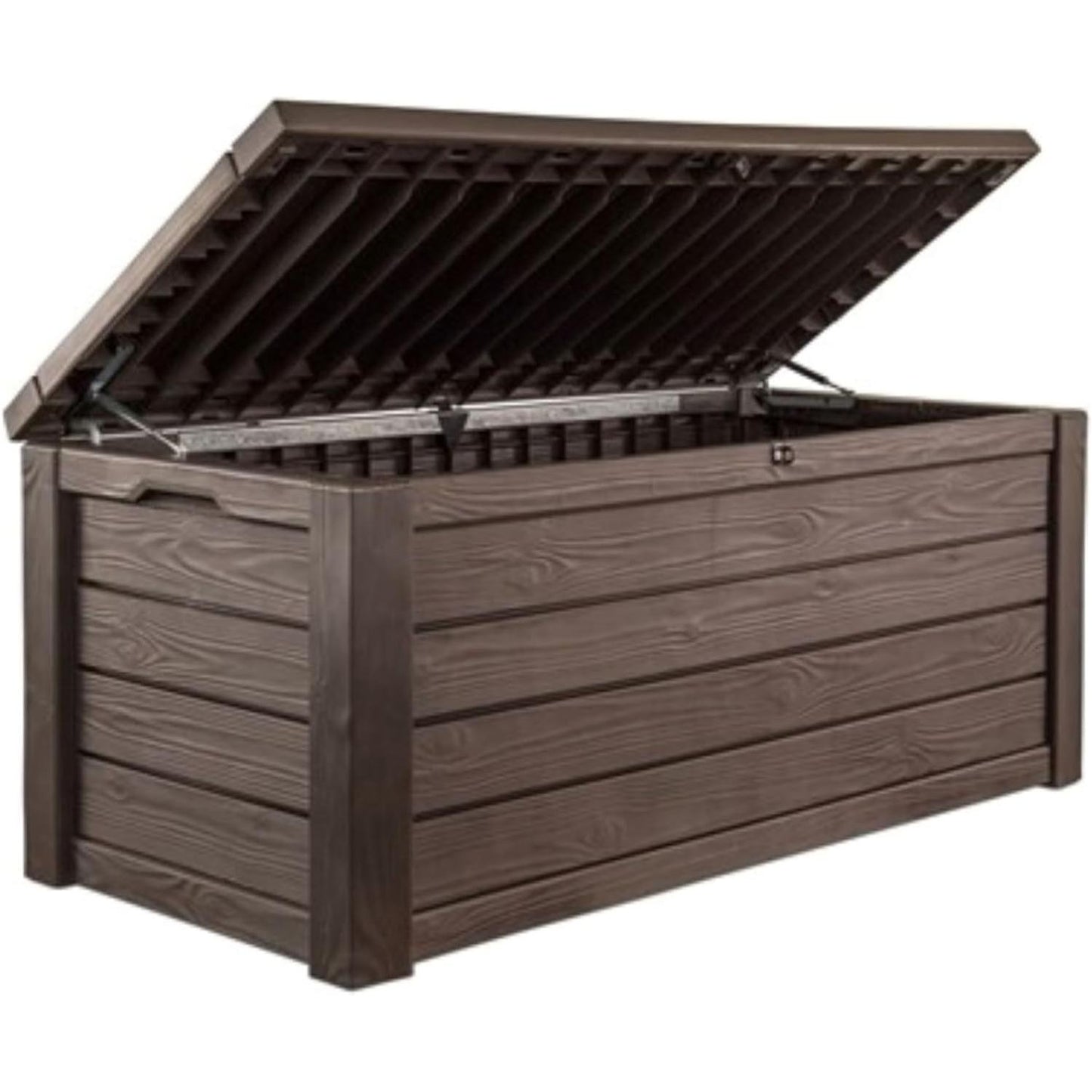 Keter Outdoor Storage Deck Box, 150 Gallon Resin Patio Bin & Bench, Wood Grain, Brown