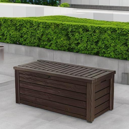 Keter Outdoor Storage Deck Box, 150 Gallon Resin Patio Bin & Bench, Wood Grain, Brown