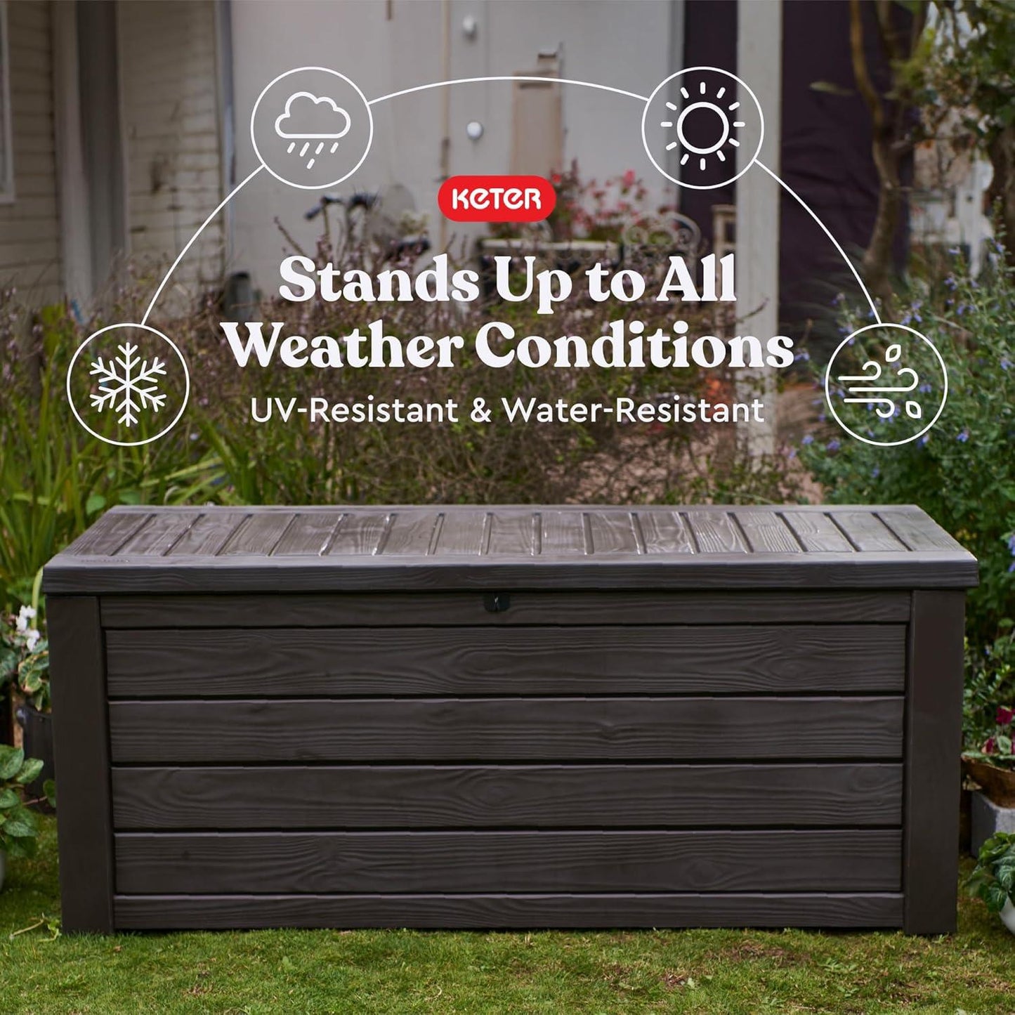 Keter Outdoor Storage Deck Box, 150 Gallon Resin Patio Bin & Bench, Wood Grain, Brown