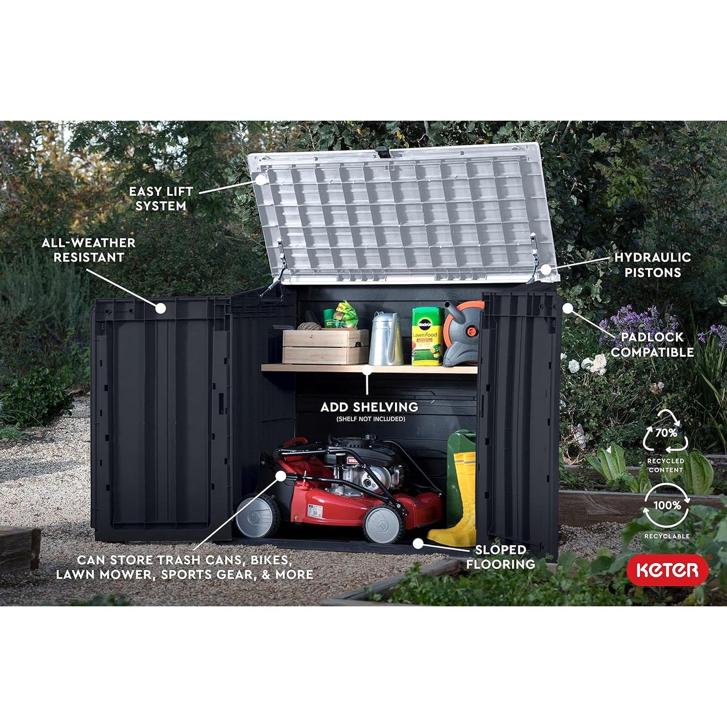 Keter Store-It-Out Prime 4.3 x 3.7 ft. Outdoor Resin Storage Shed with Easy Lift Hinges, Perfect for Yard Tools, Pool Floats and Garden Accessories, Black