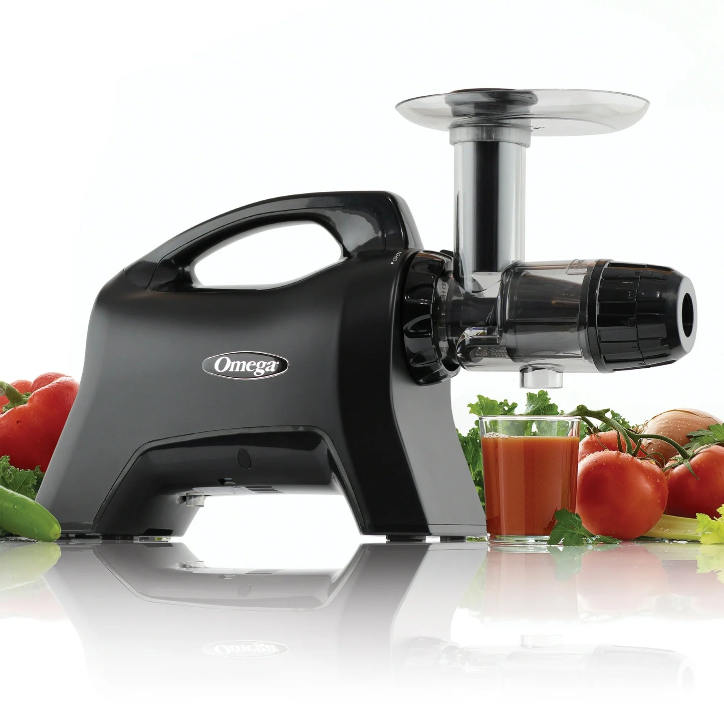 Omega Cold Press Masticating Horizontal Juicer with Nutrition System, 200W Low-Speed 3-Stage Augur, in Matte Black (NC1000MB13)