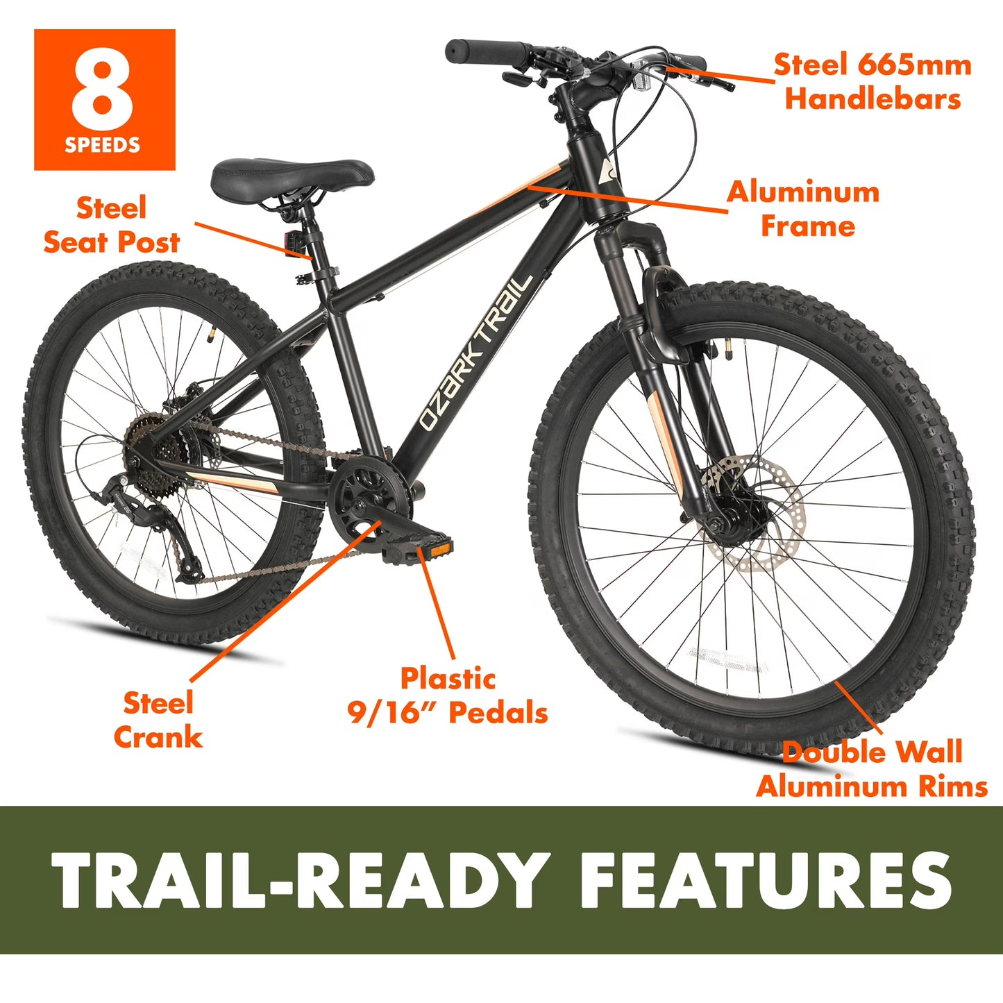 Ozark Trail 24" M.1 Vibe Mountain Bicycle, 8 Speed, Black, Fits Riders 4'6" - 5'6", Teen, Unisex