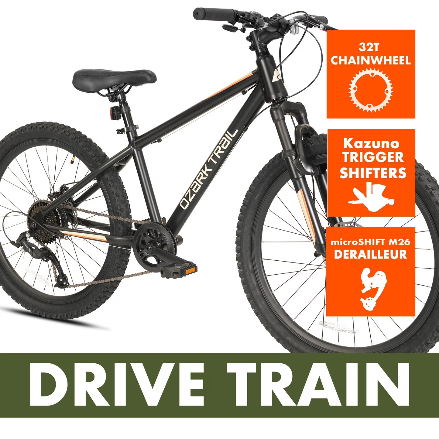 Ozark Trail 24" M.1 Vibe Mountain Bicycle, 8 Speed, Black, Fits Riders 4'6" - 5'6", Teen, Unisex
