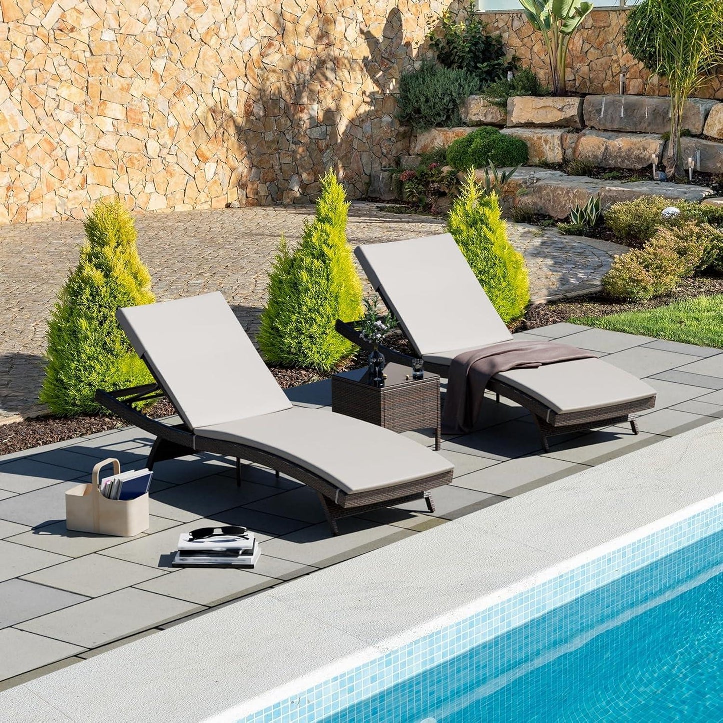 Pamapic Patio Chaise Lounge Set 3 Pieces with Adjustable Backrest and Removable Cushion, Outdoor Pool Chair for Patio Poolside Backyard Porch