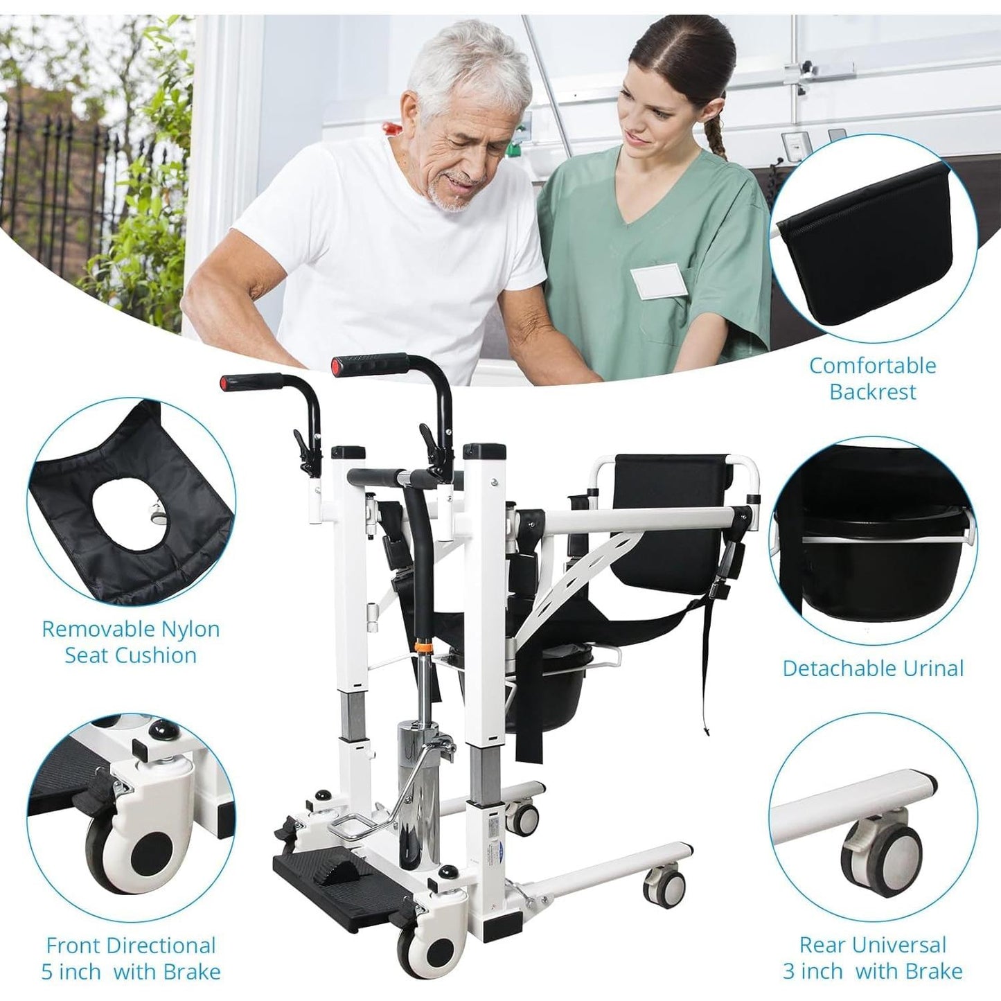 Patient Lift Transfer Chair,KIMORE Hoyer Lifts for Home Use,Hydraulic Patient Lift Transfer Chair, Bathroom Wheelchair with 180° Split Seat and Potty, Portable Elderly Lift aid Bedside Commode Chair