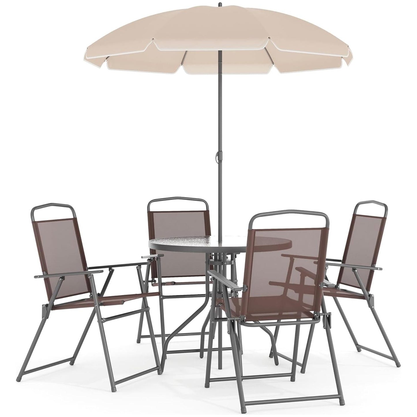 Flash Furniture Nantucket 6-Piece Patio Dining Set with Glass Table, 4 Folding Chairs, and Umbrella, Outdoor Patio Set, Brown