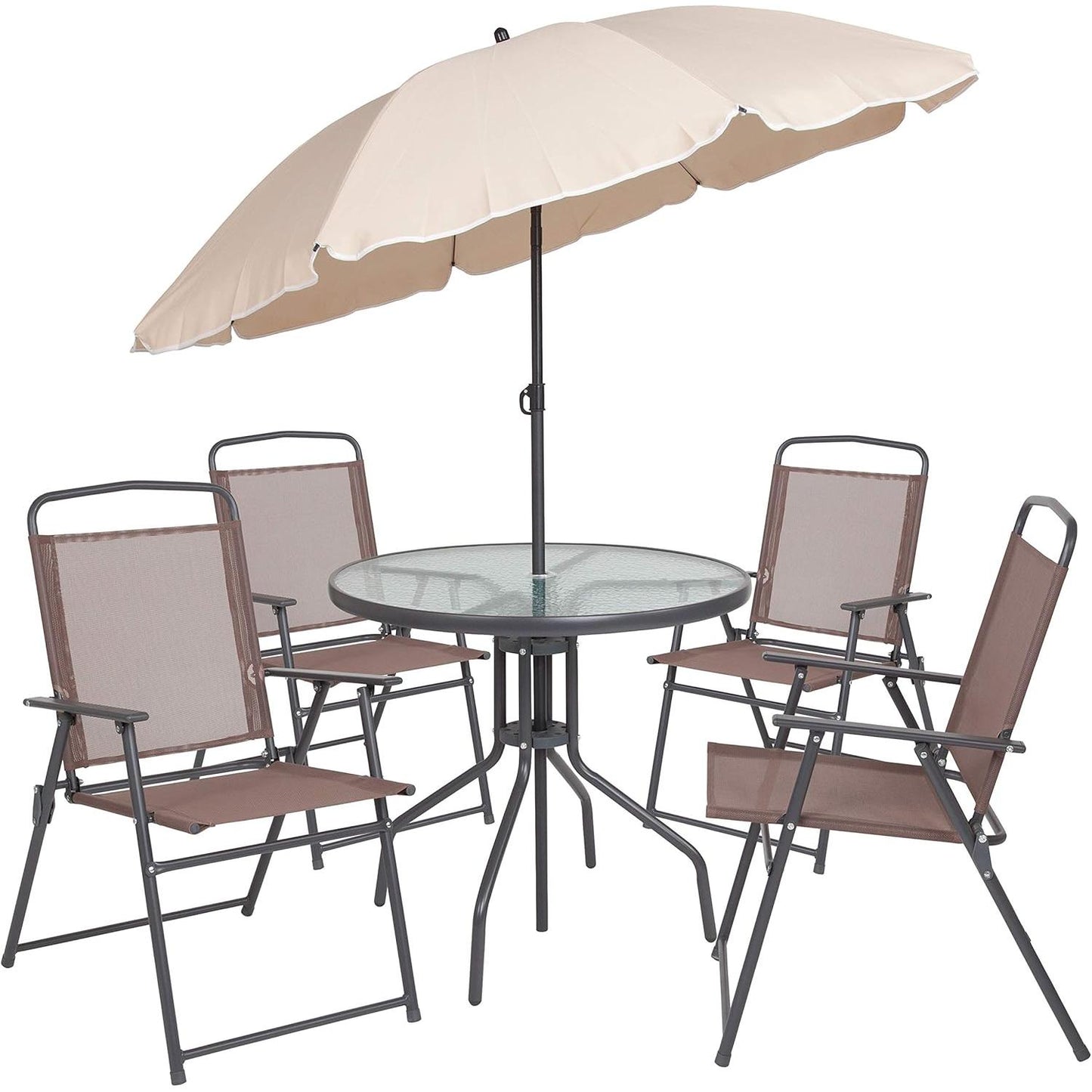 Flash Furniture Nantucket 6-Piece Patio Dining Set with Glass Table, 4 Folding Chairs, and Umbrella, Outdoor Patio Set, Brown