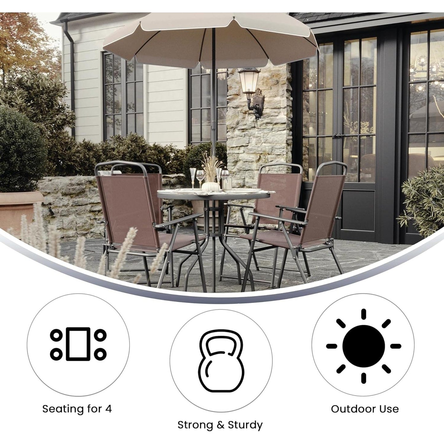 Flash Furniture Nantucket 6-Piece Patio Dining Set with Glass Table, 4 Folding Chairs, and Umbrella, Outdoor Patio Set, Brown