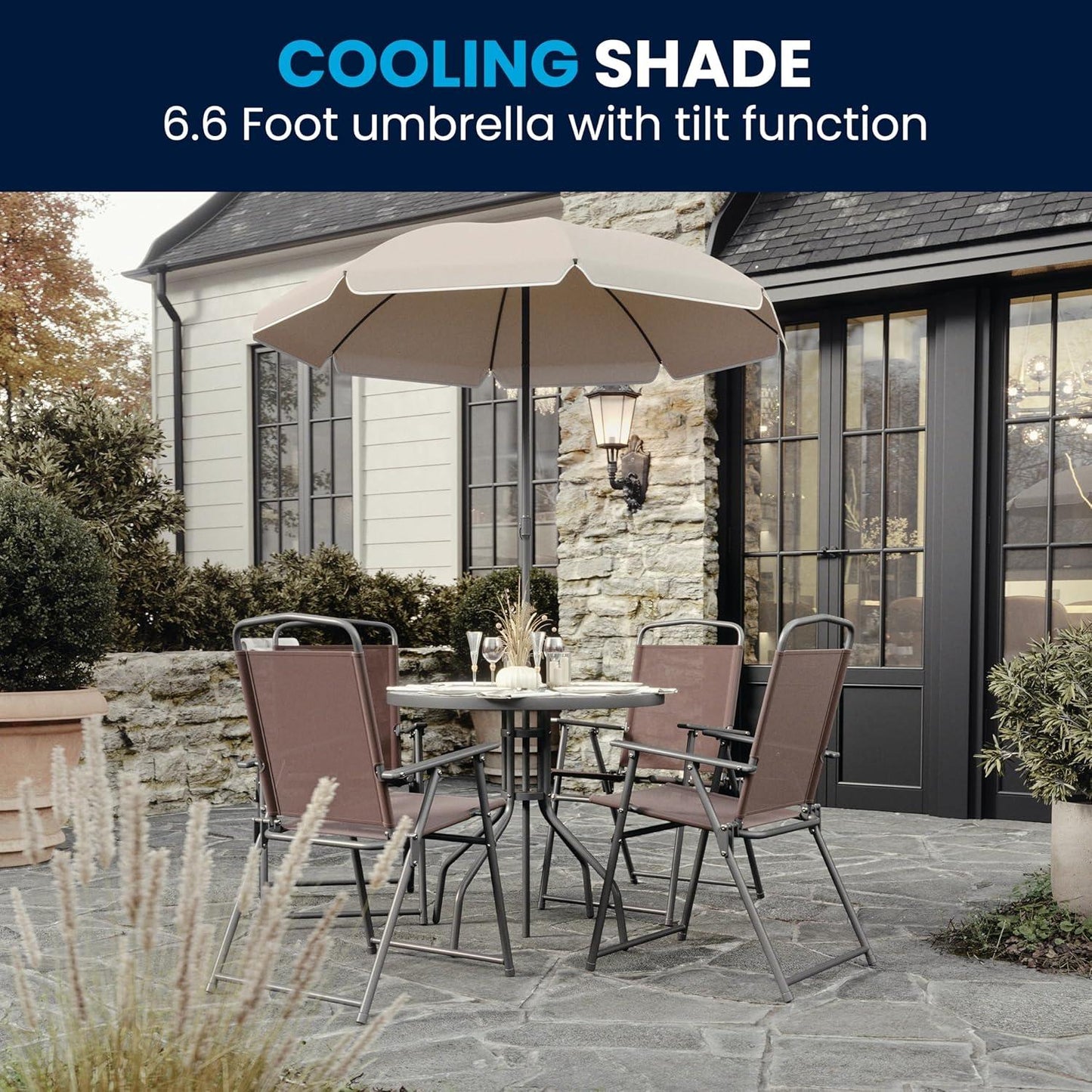 Flash Furniture Nantucket 6-Piece Patio Dining Set with Glass Table, 4 Folding Chairs, and Umbrella, Outdoor Patio Set, Brown