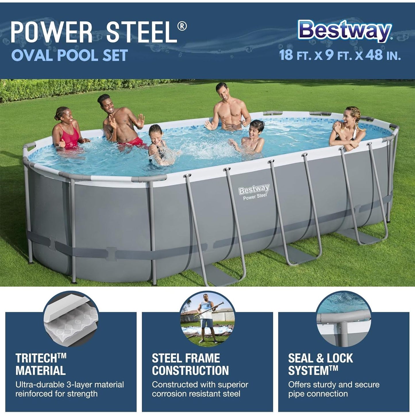 Bestway Power Steel 18' x 9' x 48" Oval Metal Frame Above Ground Outdoor Swimming Pool Set with 1500 GPH Filter Pump, Ladder, and Pool Cover