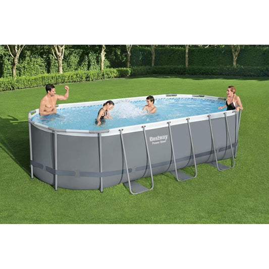 Bestway Power Steel 18' x 9' x 48" Oval Metal Frame Above Ground Outdoor Swimming Pool Set with 1500 GPH Filter Pump, Ladder, and Pool Cover