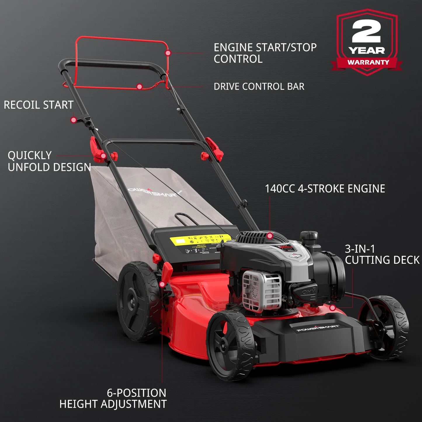 PowerSmart 140cc 4-stroke Briggs & Stratton Engine 21" Self-Propelled Gas Powered Lawn Mower