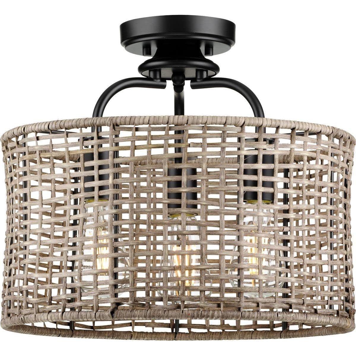 Progress Lighting Lavelle Collection 3-Light Natural Rattan Textured Black Global Semi-Flush Mount Convertible Ceiling Light 14.38x15.63x15.63. Brand New. Open Box