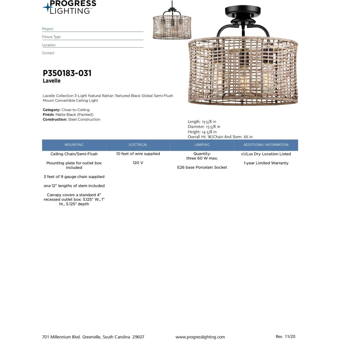 Progress Lighting Lavelle Collection 3-Light Natural Rattan Textured Black Global Semi-Flush Mount Convertible Ceiling Light 14.38x15.63x15.63. Brand New. Open Box