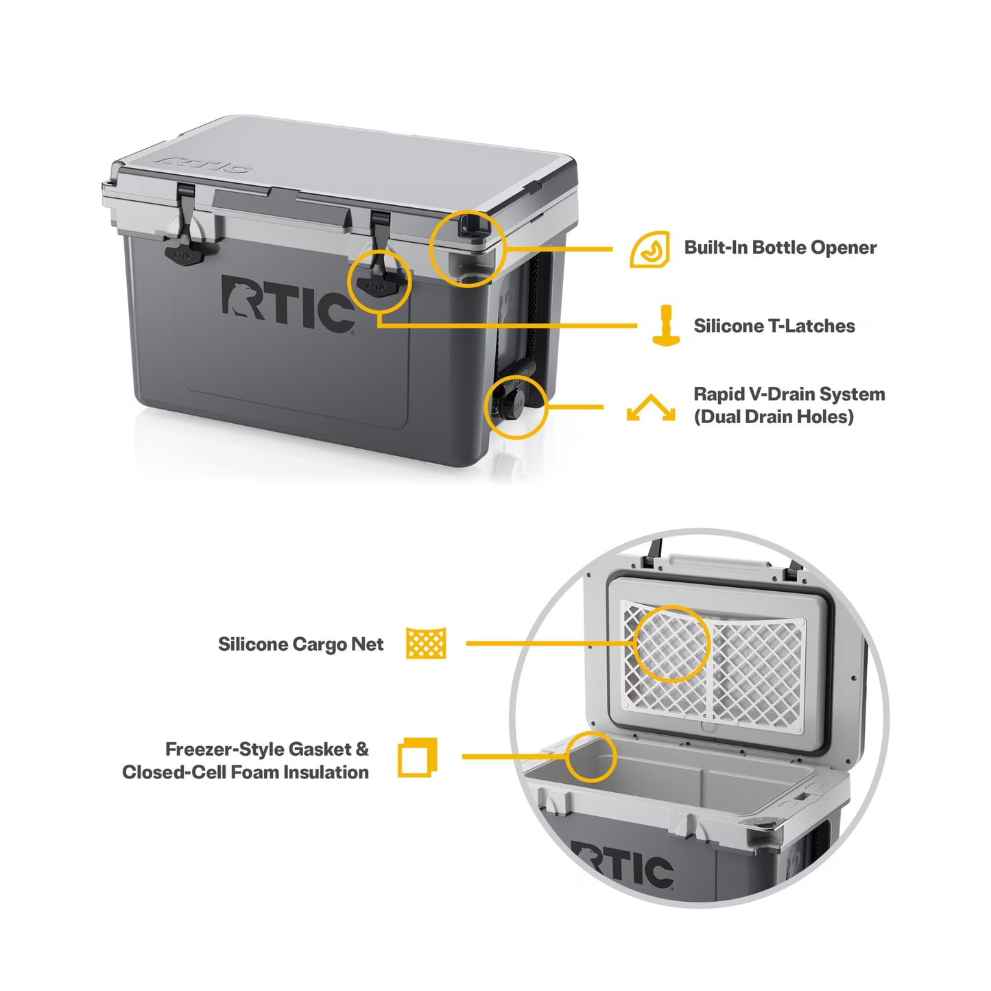 RTIC Ultra-Light 32 Qt Hard-Sided Ice Chest Cooler, Fits 48 Cans, Grey