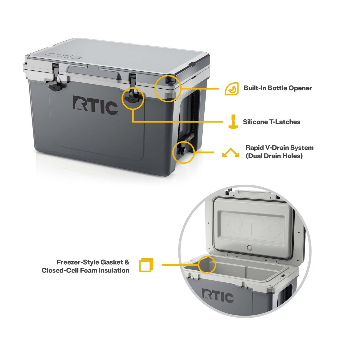 RTIC Ultra-Light 52 Qt Hard-Sided Ice Chest Cooler, Fits 76 Cans, Grey