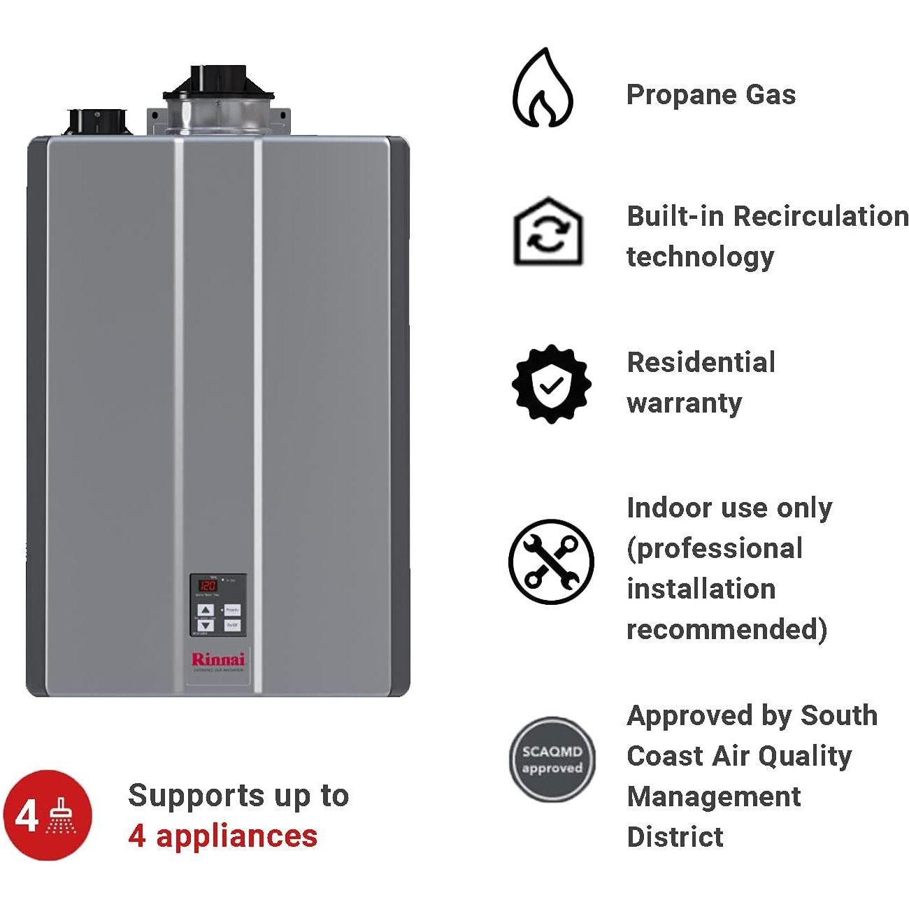 Rinnai RU160iP Condensing Tankless Hot Water Heater, 9 GPM, Propane, Indoor Installation